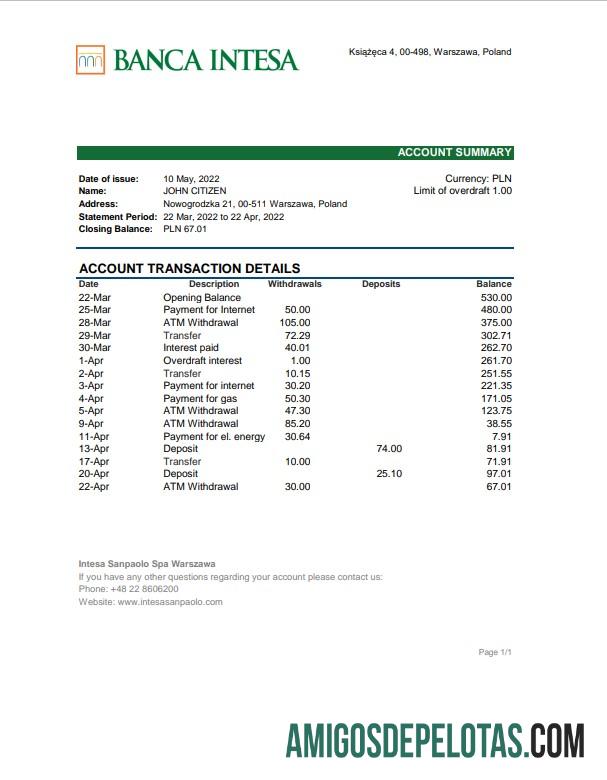 blank Poland Banca Intesa Bank Statement Excel And PDF modelo